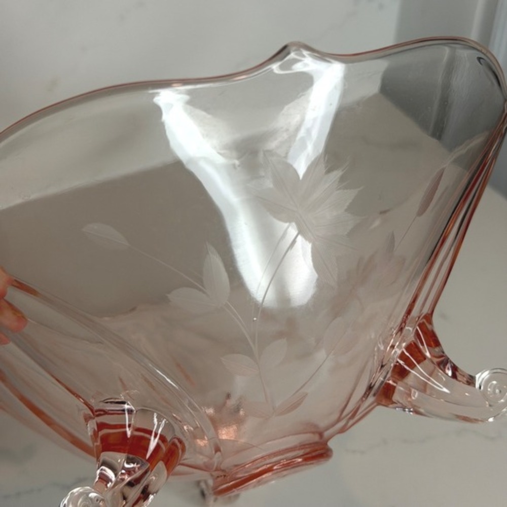 Lancaster Glass Jubilee‎ Pattern Three-Footed Bowl Etched Floral Design - Picture 3 of 9